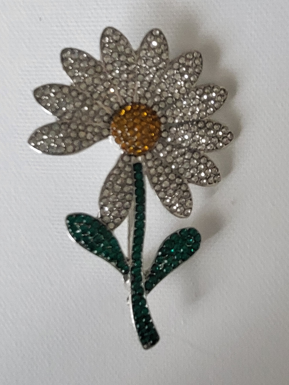 Crystal Daisy Flower Brooch — Clear, Yellow & Green Rhinestones